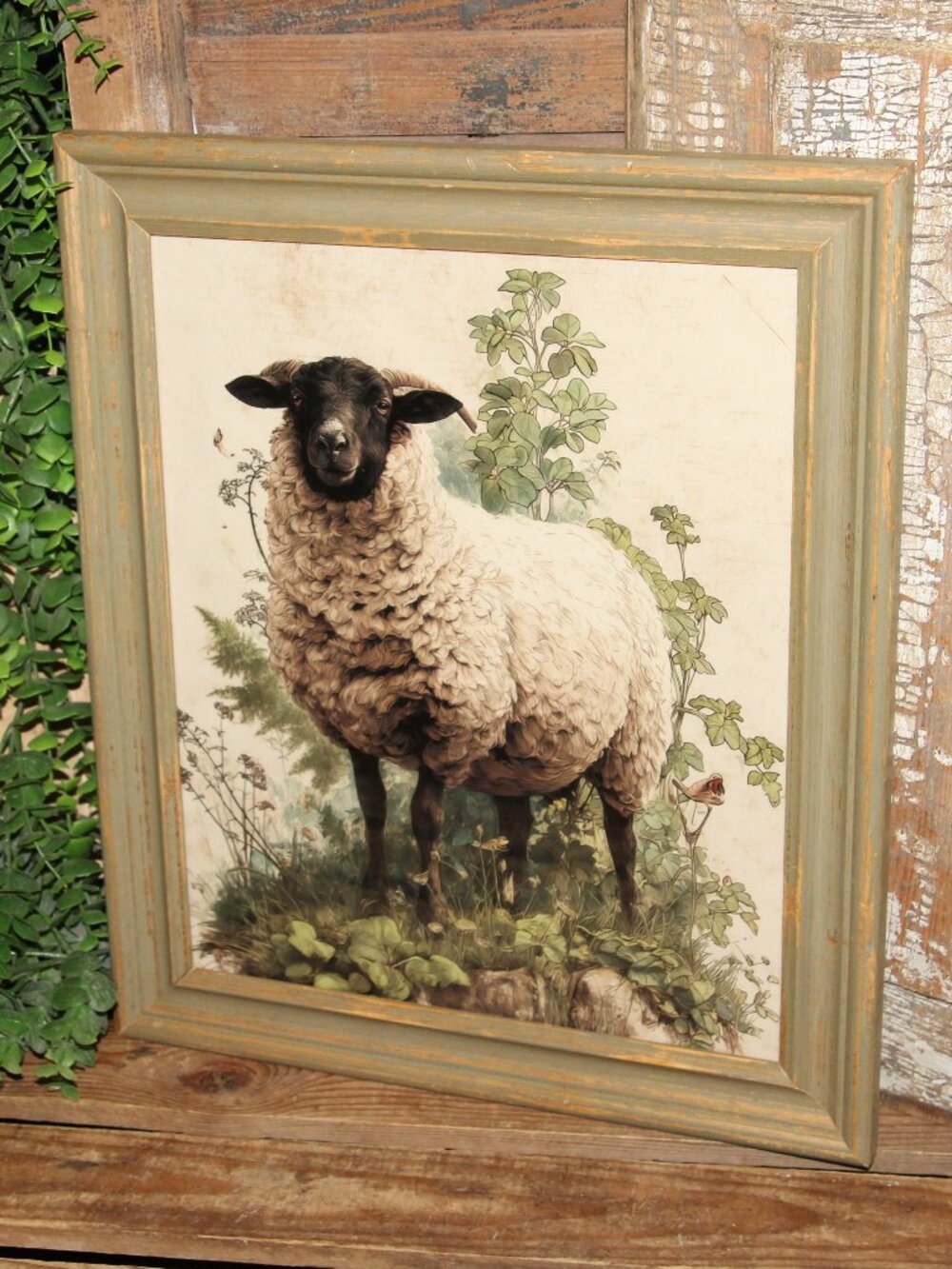French Country Primitive Farmhouse Cottage Sheep Print in Chippy Green VTG Frame